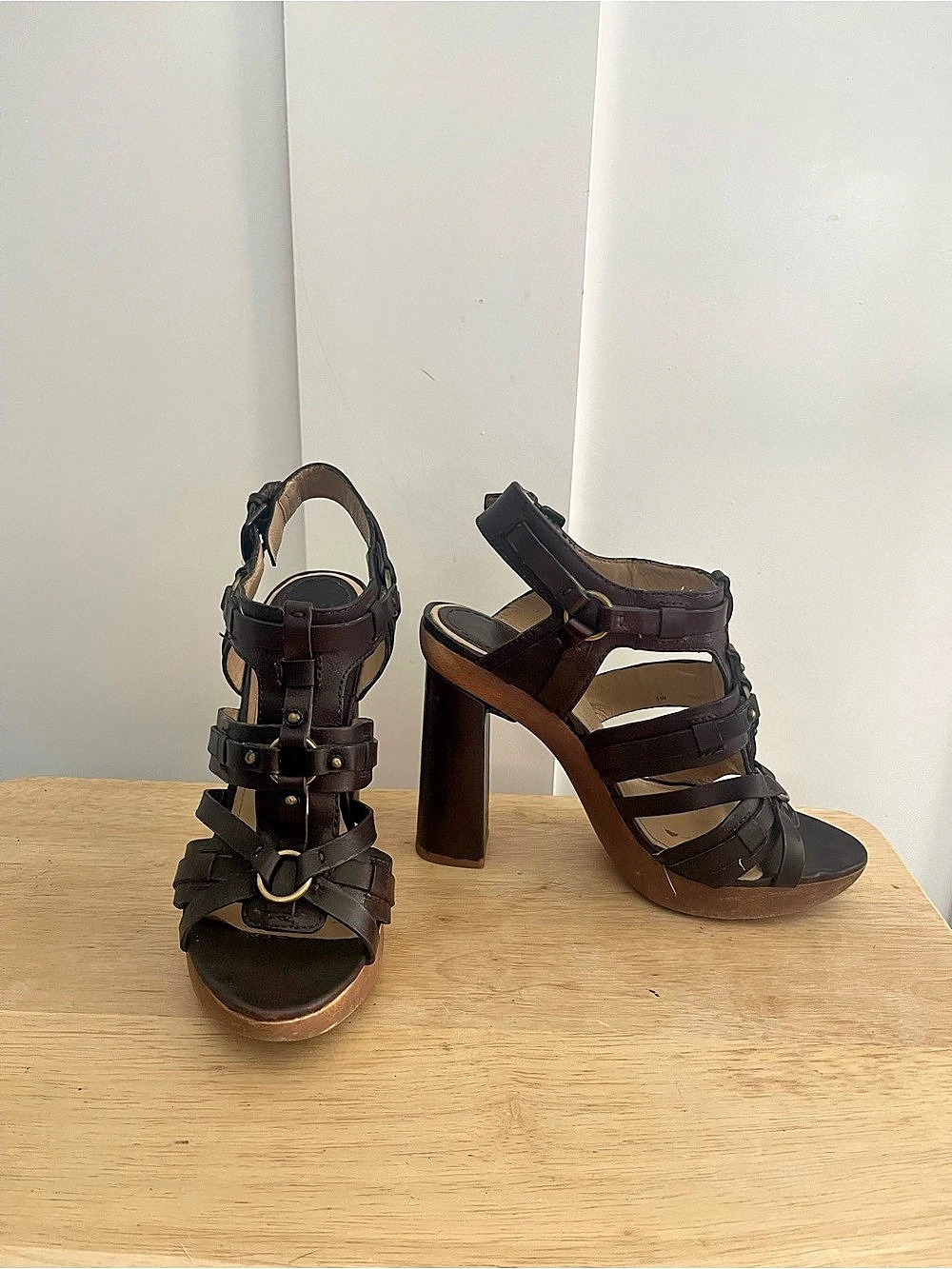 Joan & David Strappy Platform Heels in Brown & Black US 7.5